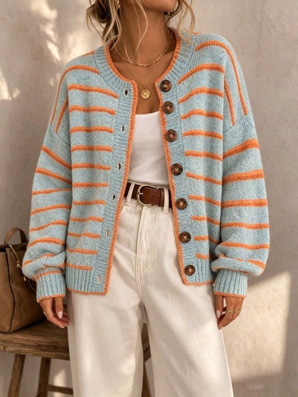 Baby Blue Casual Women's Contrast Color Striped Long Sleeve Knit Cardigan - Picture 5 of 6